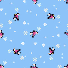 Bullfinches and snow seamless pattern,  Funny cartoon bullfinches on a blue background of the sky and the falling snow seamless pattern
