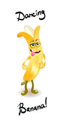 Character cheerful ripe banana dancing. Character cheerful ripe banana dancing, banana mood, fan, banana milkshake character ignites the fun. Vector of a cartoon character.