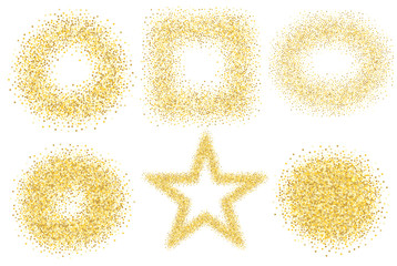 Set of six golden sand glitter effect good for banners, greeting carts. Set of star, square and circles.