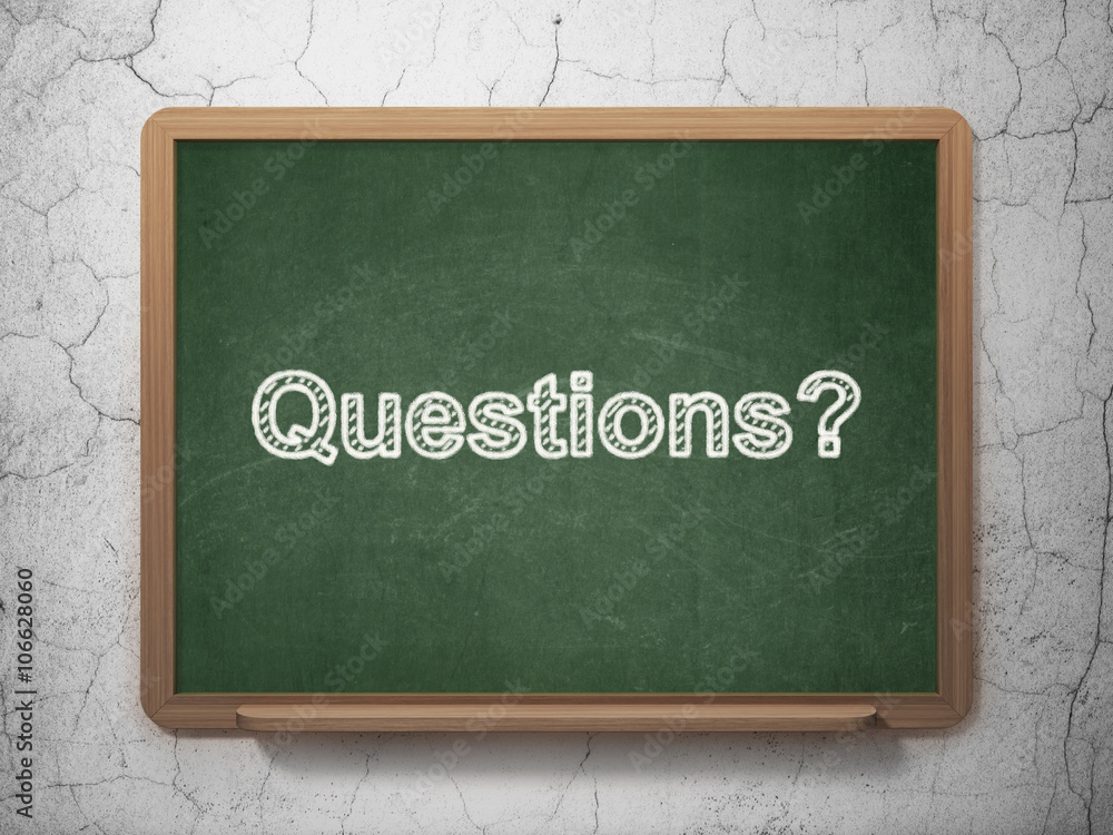 Poster learning concept: questions? on chalkboard background