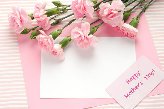 Mother's day card. Bouquet of pink carnations.