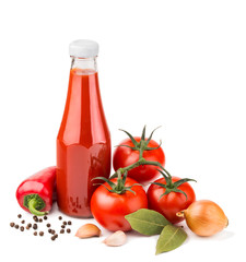 Bottle of ketchup and raw ingredients isolated on white