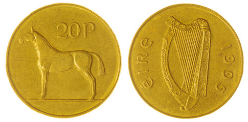 20 pence 1995 coin isolated on white background, Ireland