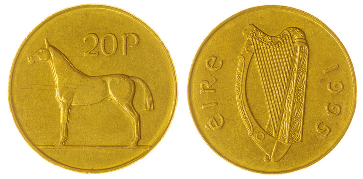 20 pence 1995 coin isolated on white background, Ireland