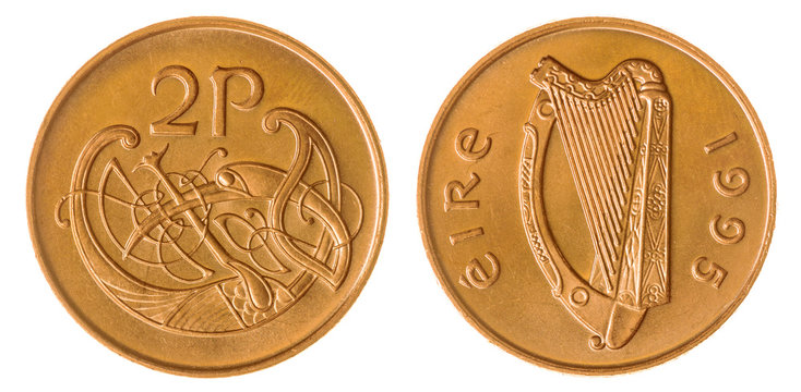 2 pence 1995 coin isolated on white background, Ireland
