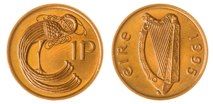 1 penny 1995 coin isolated on white background, Ireland