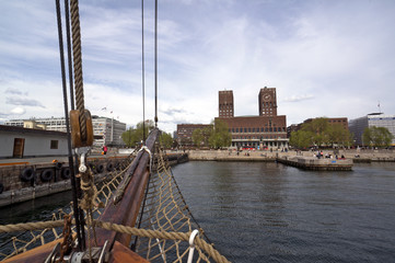 View from the sailing boat to the port and the City Hall of Oslo. Norway. May 08, 2013