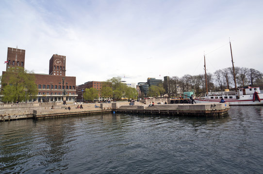 View from the sea to the port and the City Hall of Oslo. Norway. May 08, 2013