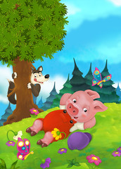 Cartoon fairy tale scene with pigs doing different pigs - illustration for children