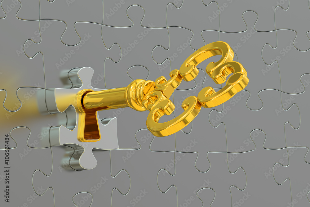 Poster golden key and puzzle, 3d rendering