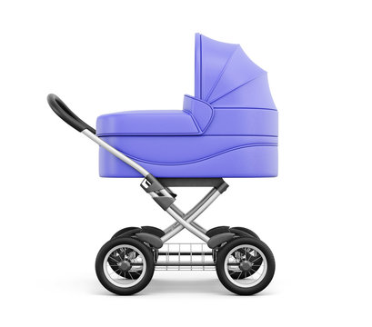 Side view of baby stroller isolated on white background. For boy. 3d rendering.