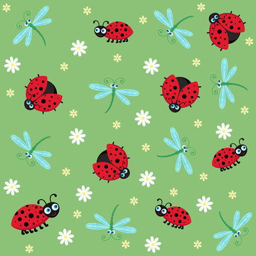 vector pattern of flowers, ladybird and dragonfly on green background