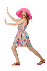 Girl in summer light dress and hat isolated on white