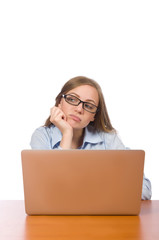 Office employee at work table isolated on white