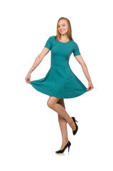 Naklejka premium Charming caucasian woman wearing green dress isolated on white