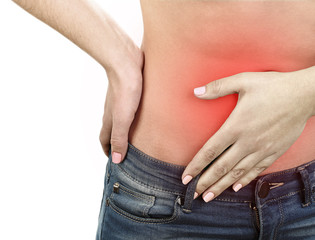 Fototapeta premium Abdominal pain in young girls close up