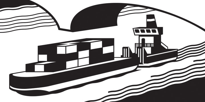 Cargo ship pass river - vector illustration