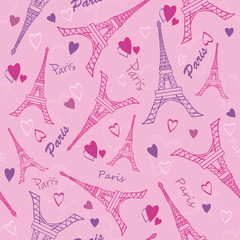 Naklejka premium Vector Eifel Tower Paris Love Pink Purple Drawing Seamless Pattern with romantic hearts. Perfect for travel themed designs products, bags, accessories, luggage, clothing.