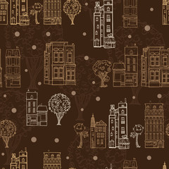 Vector Chocolate Brown Town Houses Trees Streets Drawing Seamless Pattern with Stars. Perfect for travel themed designs products, bags, accessories, luggage, clothing, home decor.