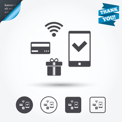 Mobile payments icon. Smartphone, credit card.