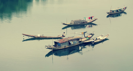 landscape, row boat,  river, poor Vietnam