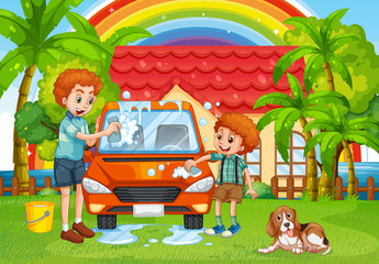 Dad and son washing car in backyard