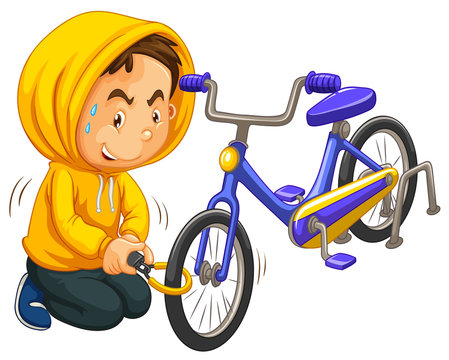 Boy in yellow hood stealing bicycle