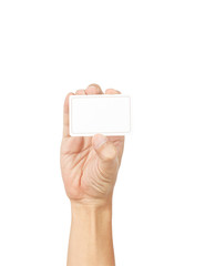 Hand with blank card isolated on white background with clipping