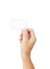 Hand with blank card isolated on white background with clipping