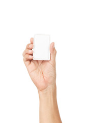 Hand with blank card isolated on white background with clipping