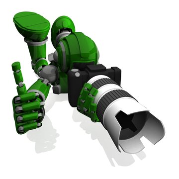 3D Photographer Robot Green Color With DSLR Camera And White Lens, Thumbs Up