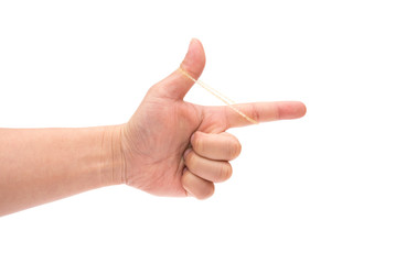 dragging piece of elastic band with fingers on white background with clipping path