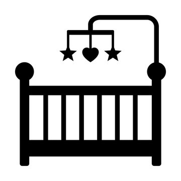 Baby crib or infant bed with hanging toys flat icon for apps and websites