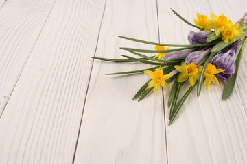 Daffodils and crocuses on the old white wooden table.