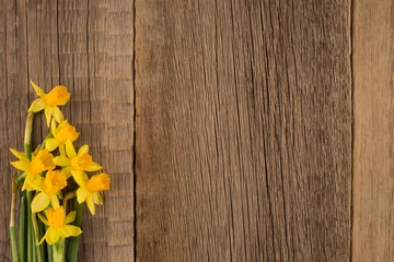 Printed roller blinds Narcissus Daffodils on wooden background, copy space