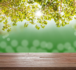 Wooden table top on green tree with blurred light bokeh