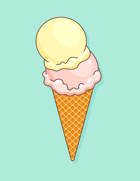 Colorful tasty isolated ice cream at a turquoise background. Crunchy wafer cone filled with two scoop of  lemon and strawberry ice cream. Vector Illustration.