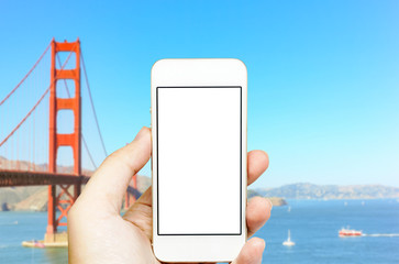 Mobile phone with Golden Gate bridge.