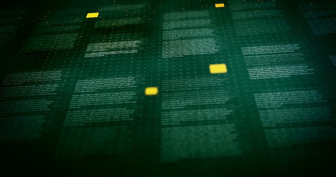 Lines of text on dark green background with shallow DOF featured thin crosses and dots textures with orange particles seamless loop animation