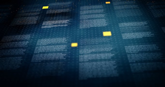 Lines of text on dark blue background with shallow DOF featured thin crosses and dots textures with orange particles seamless loop animation