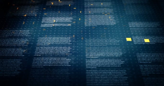 Lines of text on dark blue background with shallow DOF featured thin crosses and dots textures with orange particles seamless loop animation with camera movement