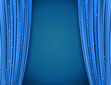 open blue theater curtains with stars glitter. vector design template