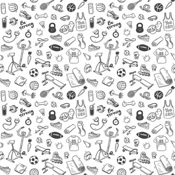 Seamless vector pattern  with hand drawn sport and healthy lifestyle elements