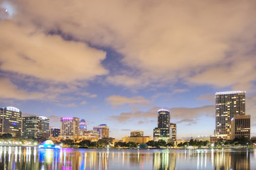 View of Orlando Skyline at Lake Eola Park.