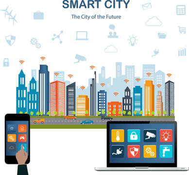 Smart city concept with different icon and elements. Modern city design with  future technology for living. Illustration of innovations and Internet of things.Internet of things/Smart city