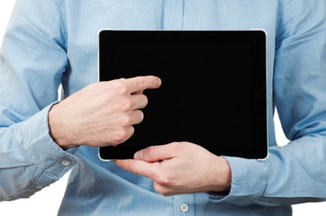 hands holding a tablet touch computer gadget with isolated scree