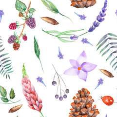 A seamless pattern with a floral ornament of the watercolor forest elements (berries, cones, lavender, wildflowers and branches) on a white background