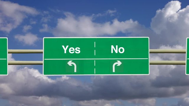 Animation of traveling towards a blank overhead road sign of a road dividing in opposite directions with a background of time lapse clouds. Making a choice. Going no where. Split to an empty future.