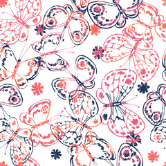 seamless artistic colorful hand drawn butterfly silhouettes pattern with gentle cute hand drawn little flowers, bright summer mood background allover print