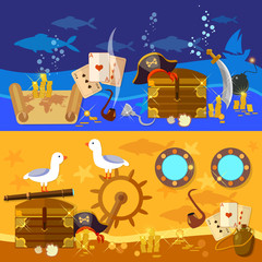 Pirate adventure banners underwater treasure